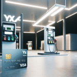 YX Visa-kort nær en bensinpumpe på en moderne nordisk stasjon, fokus på kortets design og drivstoffrabatt, rent og profesjonelt uttrykk