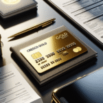 Nærbilde av et elegant gullfarget kredittkort merket 'Cresco Gold' på et moderne skrivebord med mobil, reisedokumenter og kvitteringer, lyst og profesjonelt