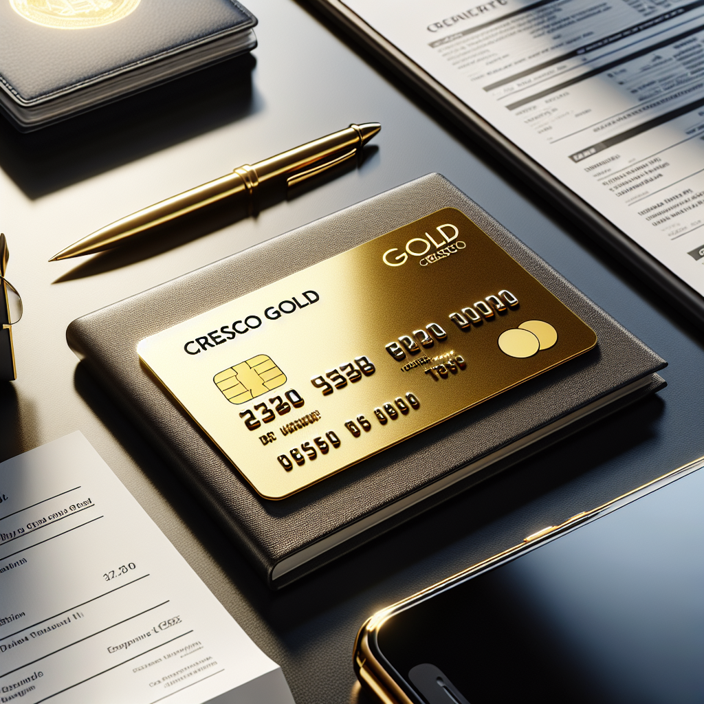 Nærbilde av et elegant gullfarget kredittkort merket 'Cresco Gold' på et moderne skrivebord med mobil, reisedokumenter og kvitteringer, lyst og profesjonelt