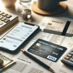 Nærbilde av et Ikano Visa-kort på et skrivebord ved siden av en mobil med bankapp, kvitteringer og en notatbok med økonomiplan, moderne nordisk stil, myk naturlig belysning