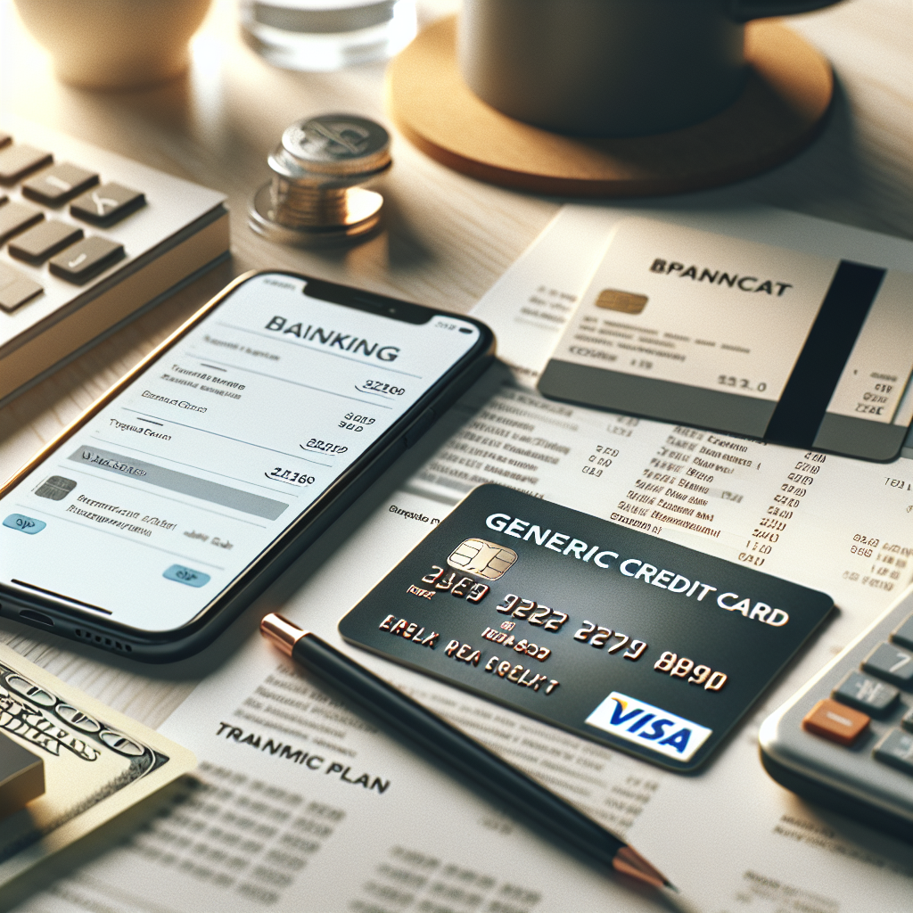 Nærbilde av et Ikano Visa-kort på et skrivebord ved siden av en mobil med bankapp, kvitteringer og en notatbok med økonomiplan, moderne nordisk stil, myk naturlig belysning