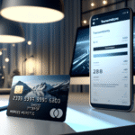 Nærbilde av et stilrent Ikano Visa-kredittkort på et skrivebord med norsk estetikk, mobilapp i bakgrunnen som viser transaksjoner, moderne lys, klar og profesjonell stil