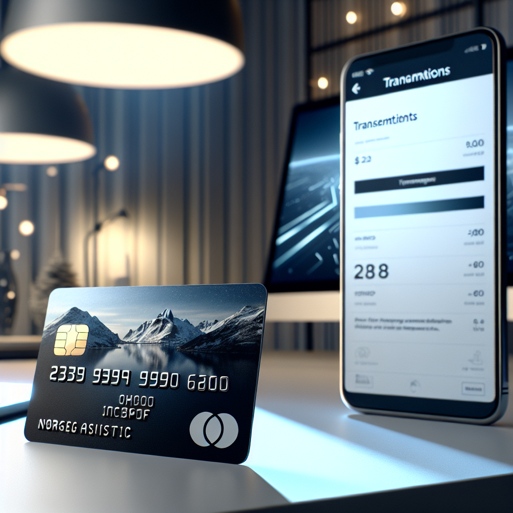Nærbilde av et stilrent Ikano Visa-kredittkort på et skrivebord med norsk estetikk, mobilapp i bakgrunnen som viser transaksjoner, moderne lys, klar og profesjonell stil