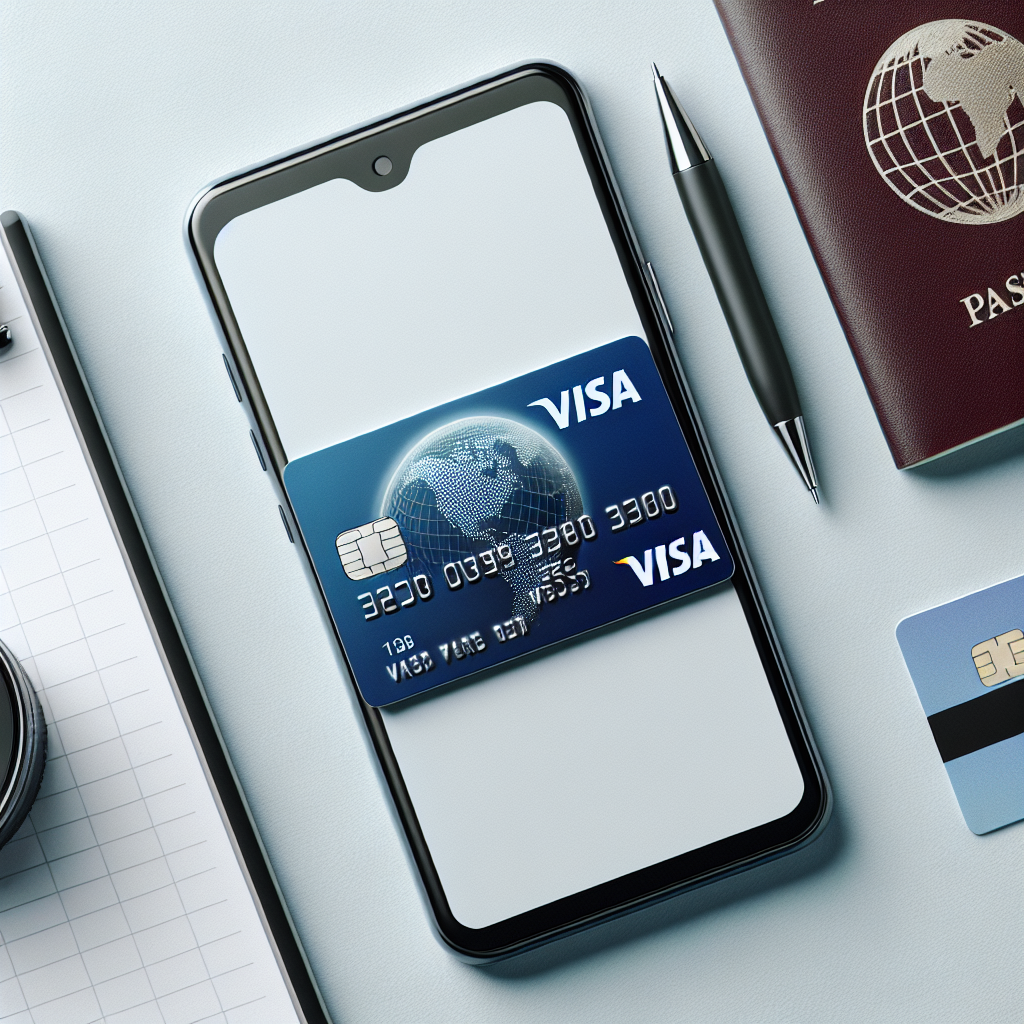 Oversiktsbilde av et Ikano Visa-kredittkort liggende på et skrivebord ved siden av en smarttelefon, pass og notatblokk; moderne, rent design, nordisk fargetone.