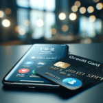 Nærbilde av et moderne VISA-kredittkort liggende på et bord ved siden av en smarttelefon med varsler, diskret bokeh i bakgrunnen, profesjonell og trygg atmosfære